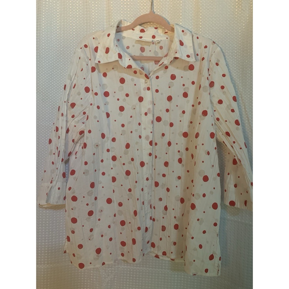 Denim And Company Women's 1X Long Sleeved White With Red Dots‎ Blouse